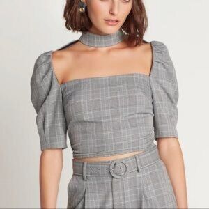 Choosy Gray Plaid Puff Sleeve Crop Top w/ Choker Detail Size 0 NWT